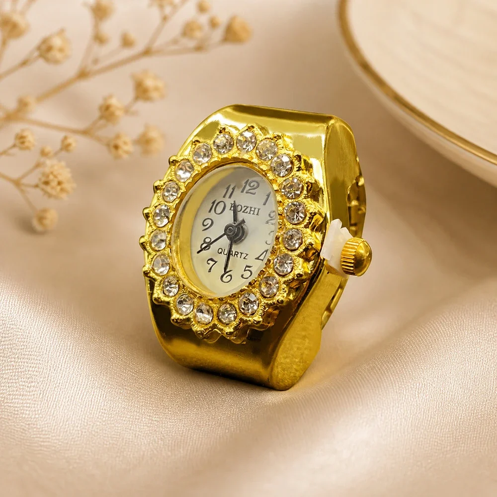 Vintage Gold Watch Ring Rhinestone Crystal Stretch Band Adjustable Statement
